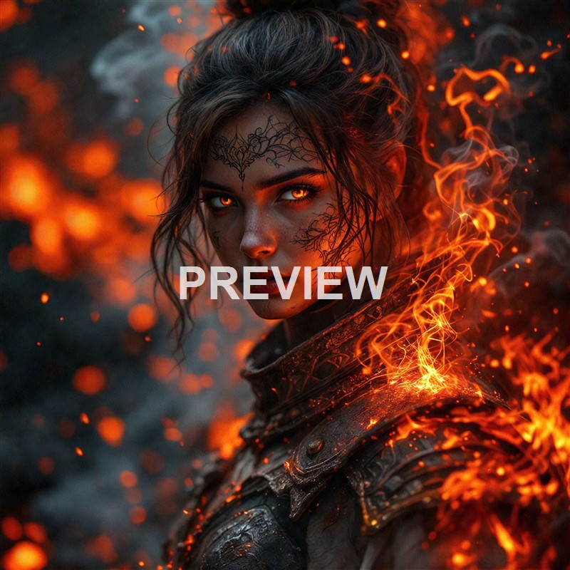 A fierce woman with glowing eyes, dark makeup, and intricate face tattoos, dressed in armor, surrounded by flames and smoke in a fiery environment.